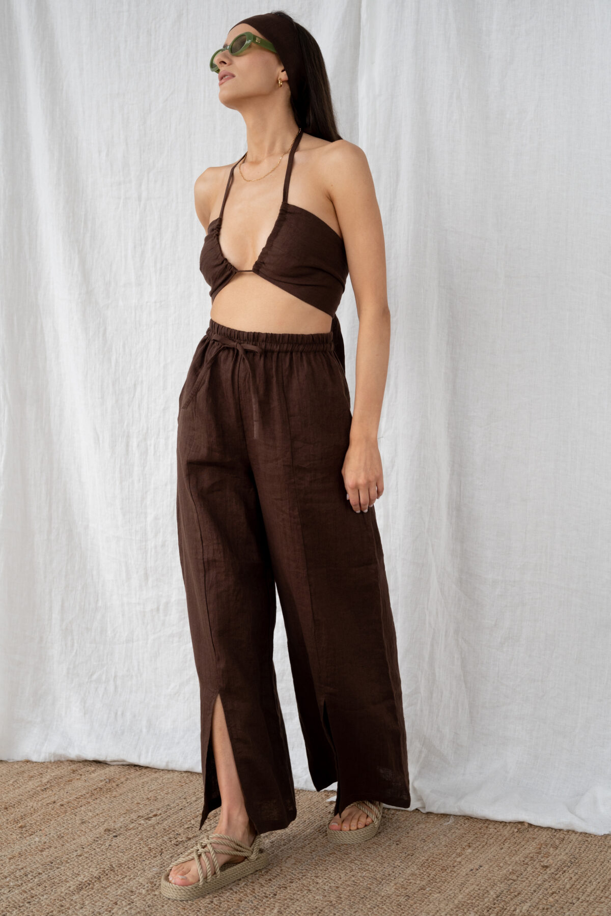 LINEN WIDE LEG PANTS - WOOD - obrazek 3