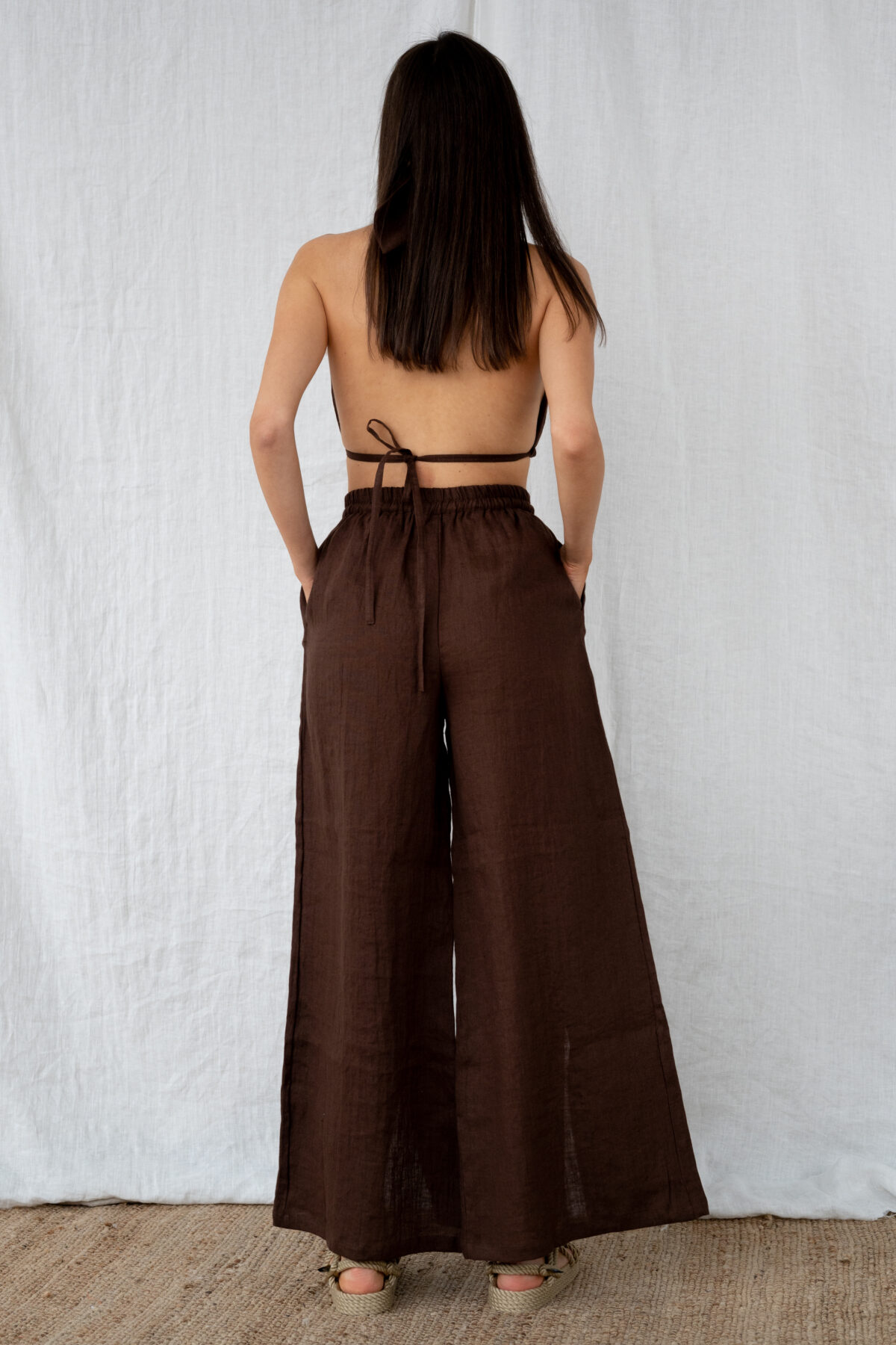 LINEN WIDE LEG PANTS - WOOD - obrazek 4