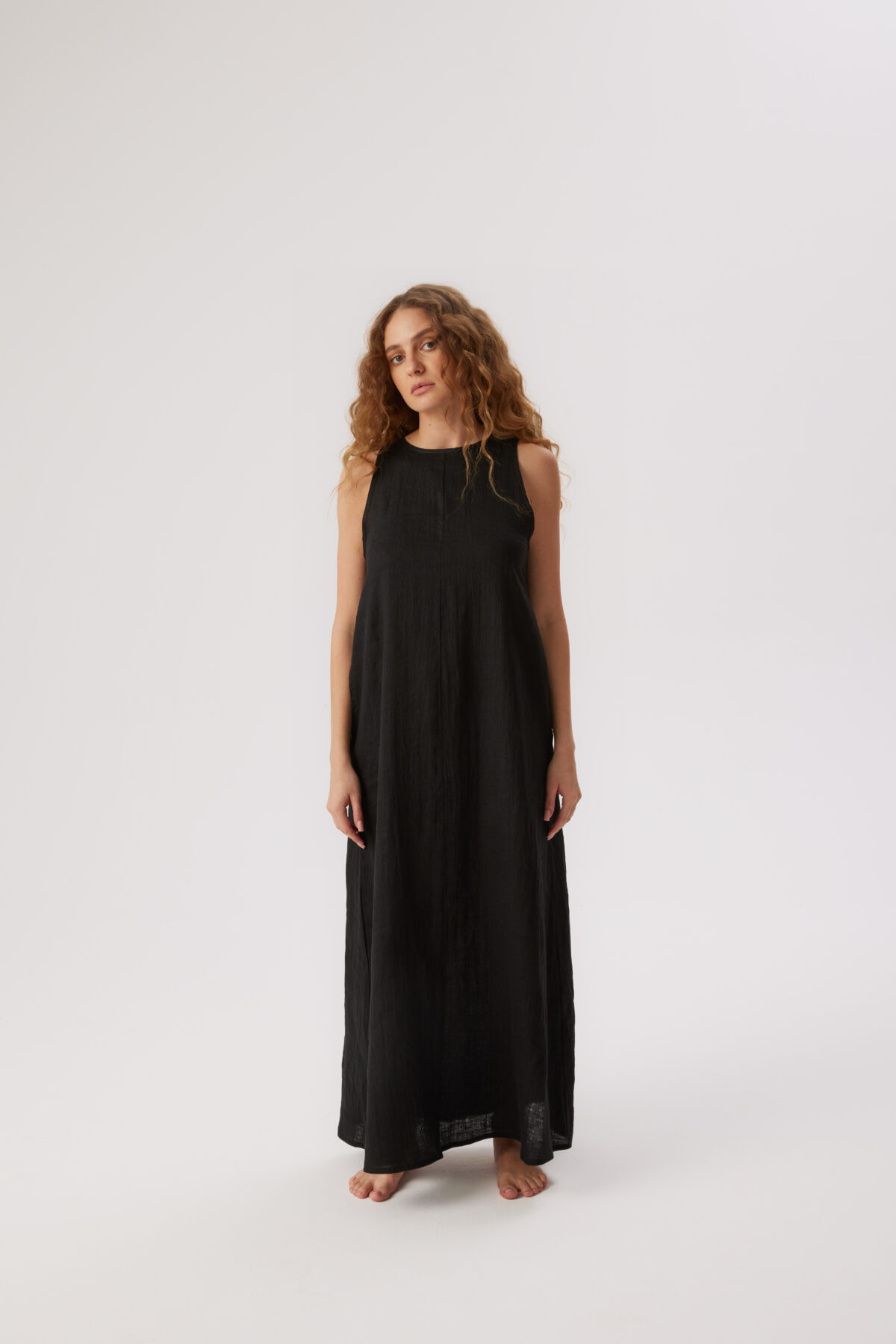 Lniana prosta sukienka maxi Black