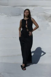 Lniana bluzka wiązana twist – czarny