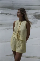 Lniana bluzka wiązana twist – pastelowy zolty