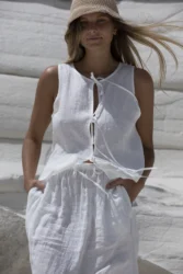 Lniana bluzka wiązana twist – smietankowy bialy