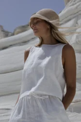 Lniana bluzka wiązana twist – smietankowy bialy