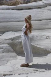 Lniana prosta długa spódnica calm - smietankowy bialy