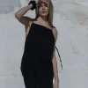 Lniana sukienka wiązana minimal – czarny