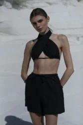 Lniane szorty z wysokim stanem base – czarny