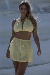 Lniane szorty z wysokim stanem base – pastelowy zolty