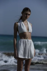 Lniane szorty z wysokim stanem base – smietankowy bialy