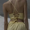 Lniany top wiązany na plecach tied-up pastelowy zolty
