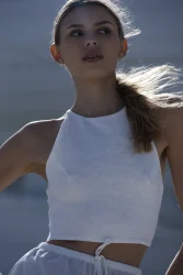 Lniany top wiązany na plecach tied-up smietankowy bialy