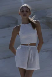 Lniany top wiązany na plecach tied-up smietankowy bialy