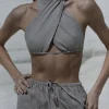 Lniany top wiązany 3w1 wrap - naturalny len
