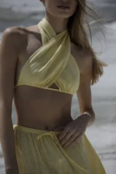 Lniany top wiązany 3w1 wrap - pastelowy zolty