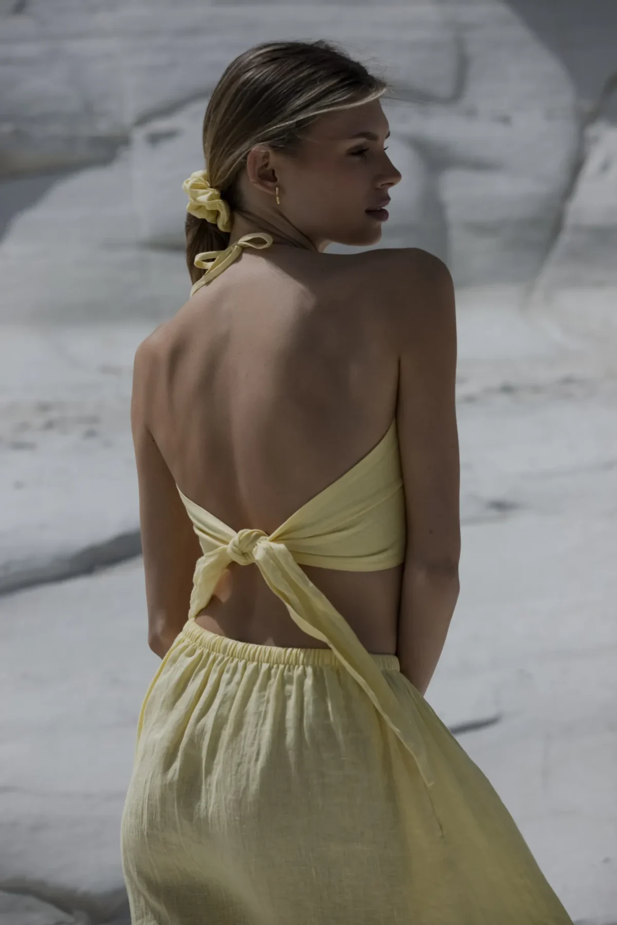 Lniany top wiązany 3w1 wrap - pastelowy zolty