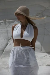 Lniany top wiązany 3w1 wrap - smietankowy bialy