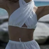 Lniany top wiązany 3w1 wrap - smietankowy bialy