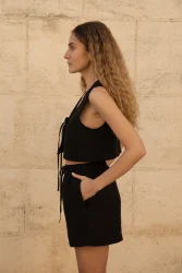 Lniany top V Bow - Black