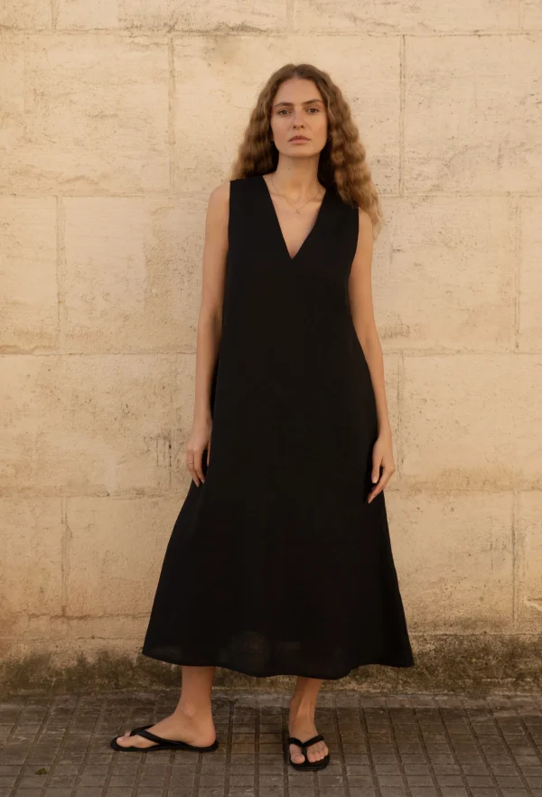 Lniana sukienka Midi V Harmony - Black