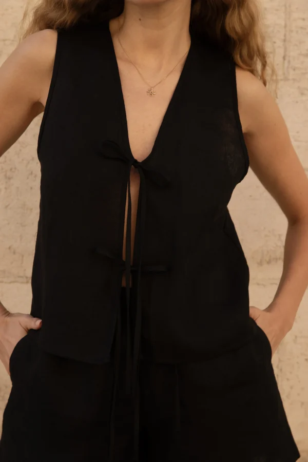 Lniana bluzka V Bow - Black