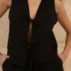 Lniana bluzka V Bow - Black