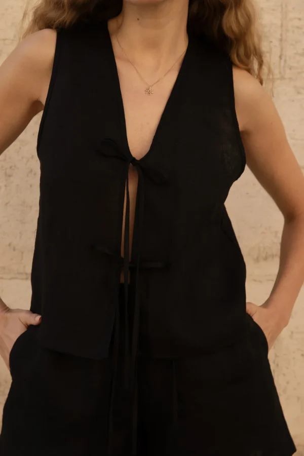 Lniana bluzka V Bow - Black