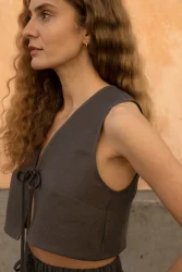 Lniany top V Bow - Dark Grey