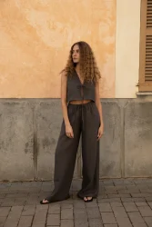 Lniany top V Bow - Dark Grey