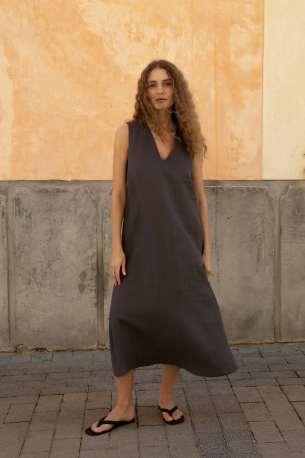 Lniana sukienka Midi V Harmony - Dark Grey