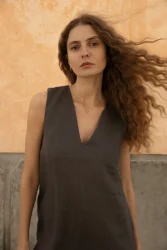 Lniana sukienka Midi V Harmony - Dark Grey