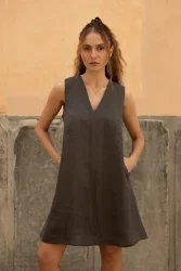 Lniana sukienka Mini V Harmony - Dark Grey