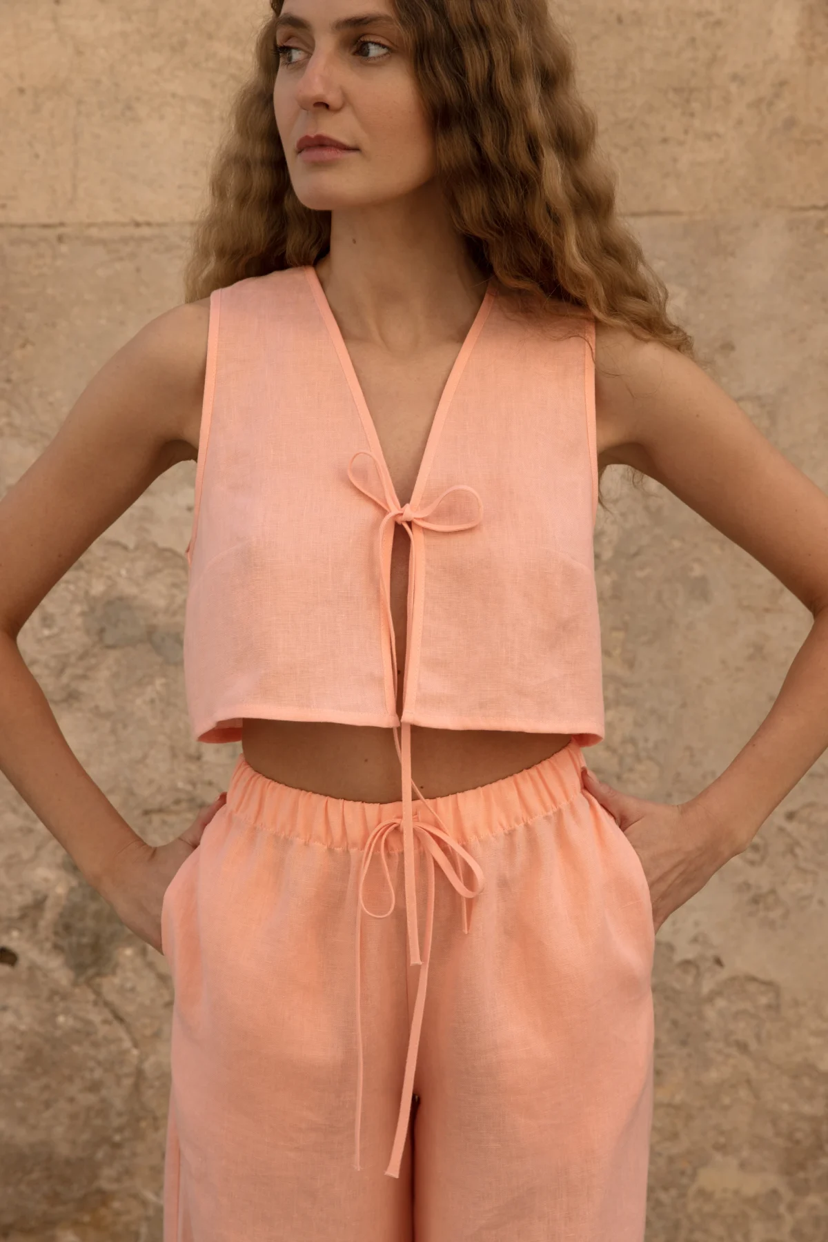 Lniany top V Bow - Peachy Rose
