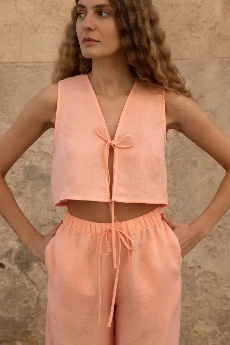 Lniany top V Bow - Peachy Rose