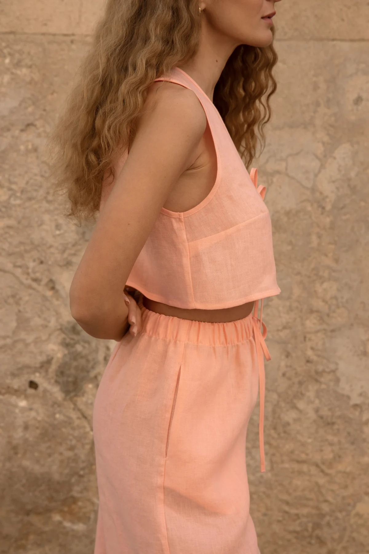 Lniany top V Bow - Peachy Rose