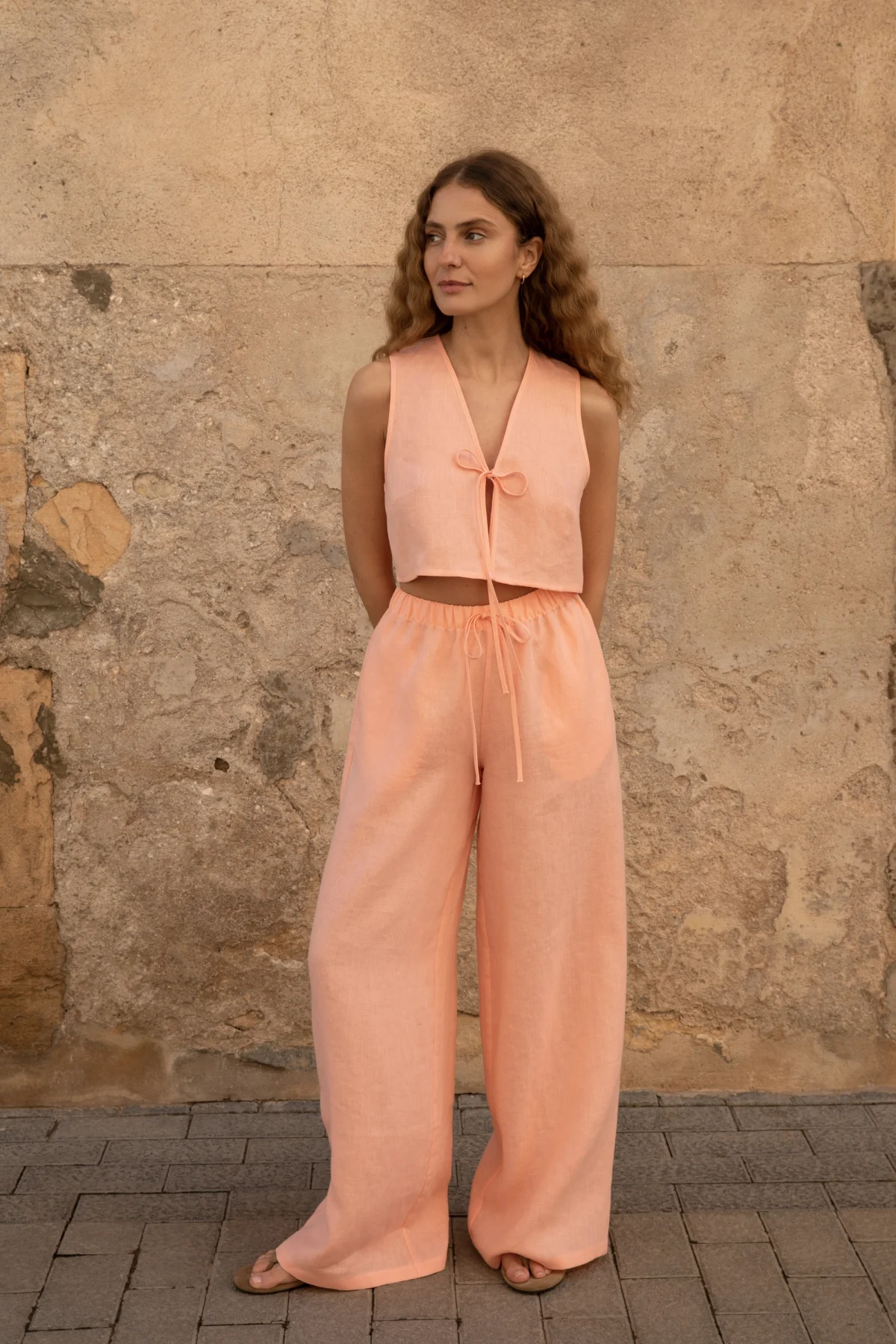 Lniany top V Bow - Peachy Rose