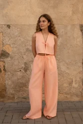 Lniany top V Bow - Peachy Rose