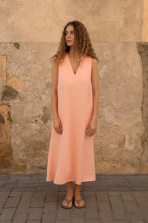 Lniana sukienka Midi V Harmony - Peachy Rose