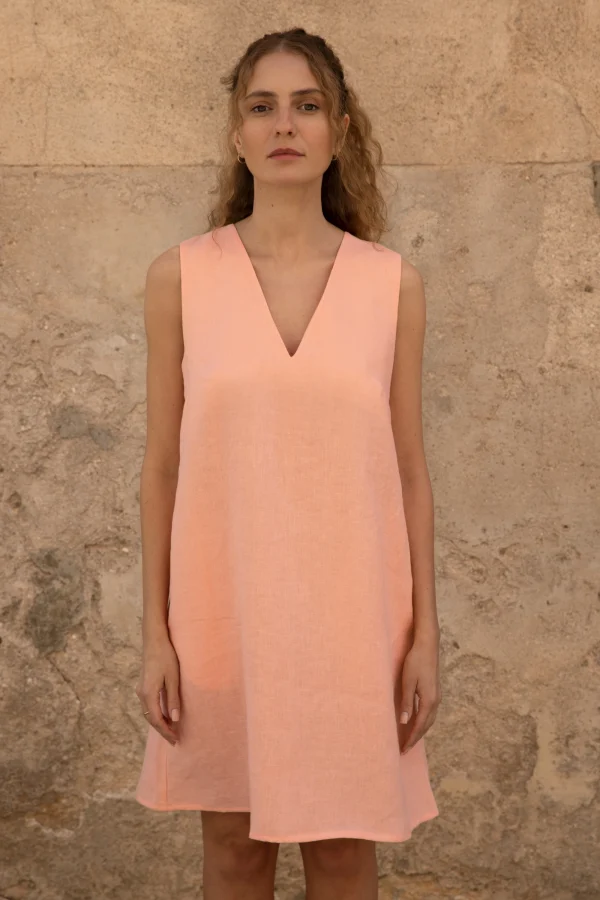 Lniana sukienka Mini V Harmony - Peachy Rose