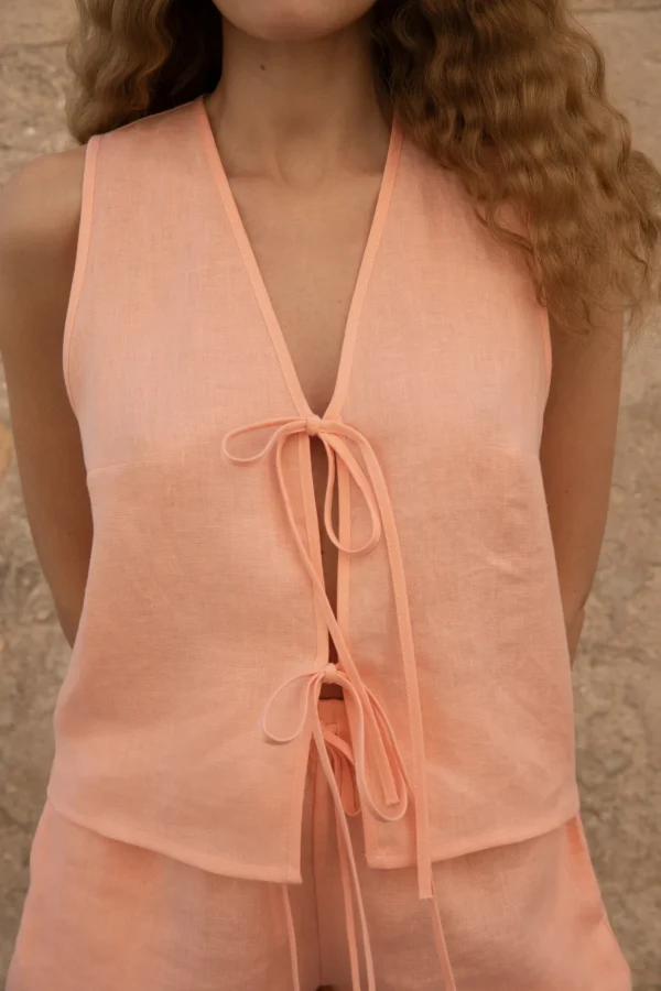 Lniana bluzka V Bow - Peachy Rose
