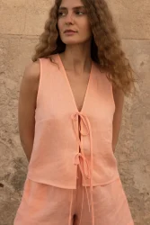 Lniana bluzka V Bow - Peachy Rose
