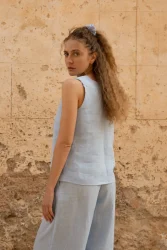 Lniana bluzka V Harmony - Sky Blue