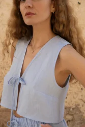 Lniany top V Bow - Sky Blue
