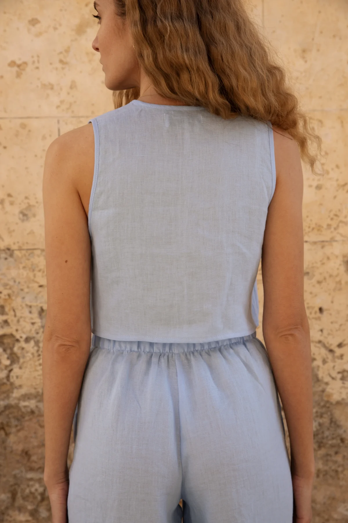 Lniany top V Bow - Sky Blue