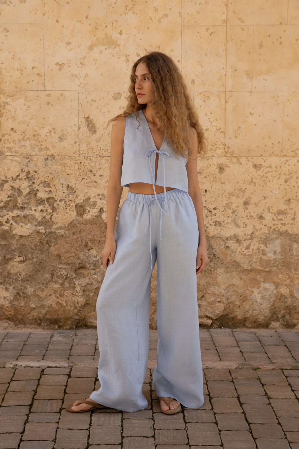 Lniany top V Bow - Sky Blue