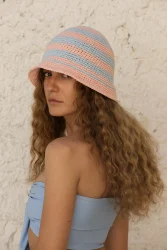 Kapelusz Bucket - Sky Blue & Peachy Rose