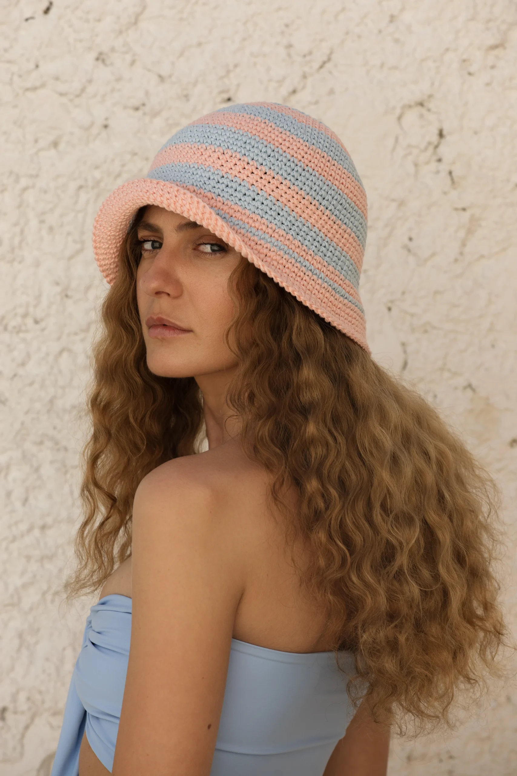 Kapelusz Bucket - Sky Blue & Peachy Rose