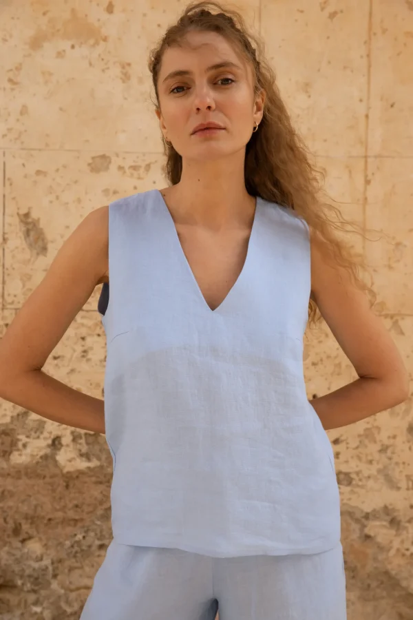 Lniana bluzka V Harmony - Sky Blue