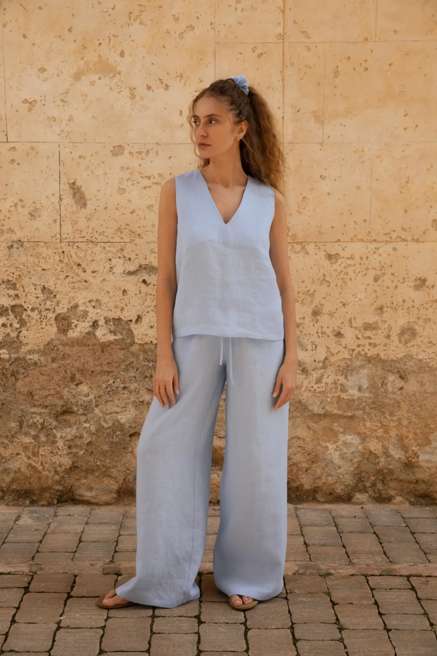 Lniana bluzka V Harmony - Sky Blue