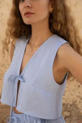 Lniany top V Bow - Sky Blue
