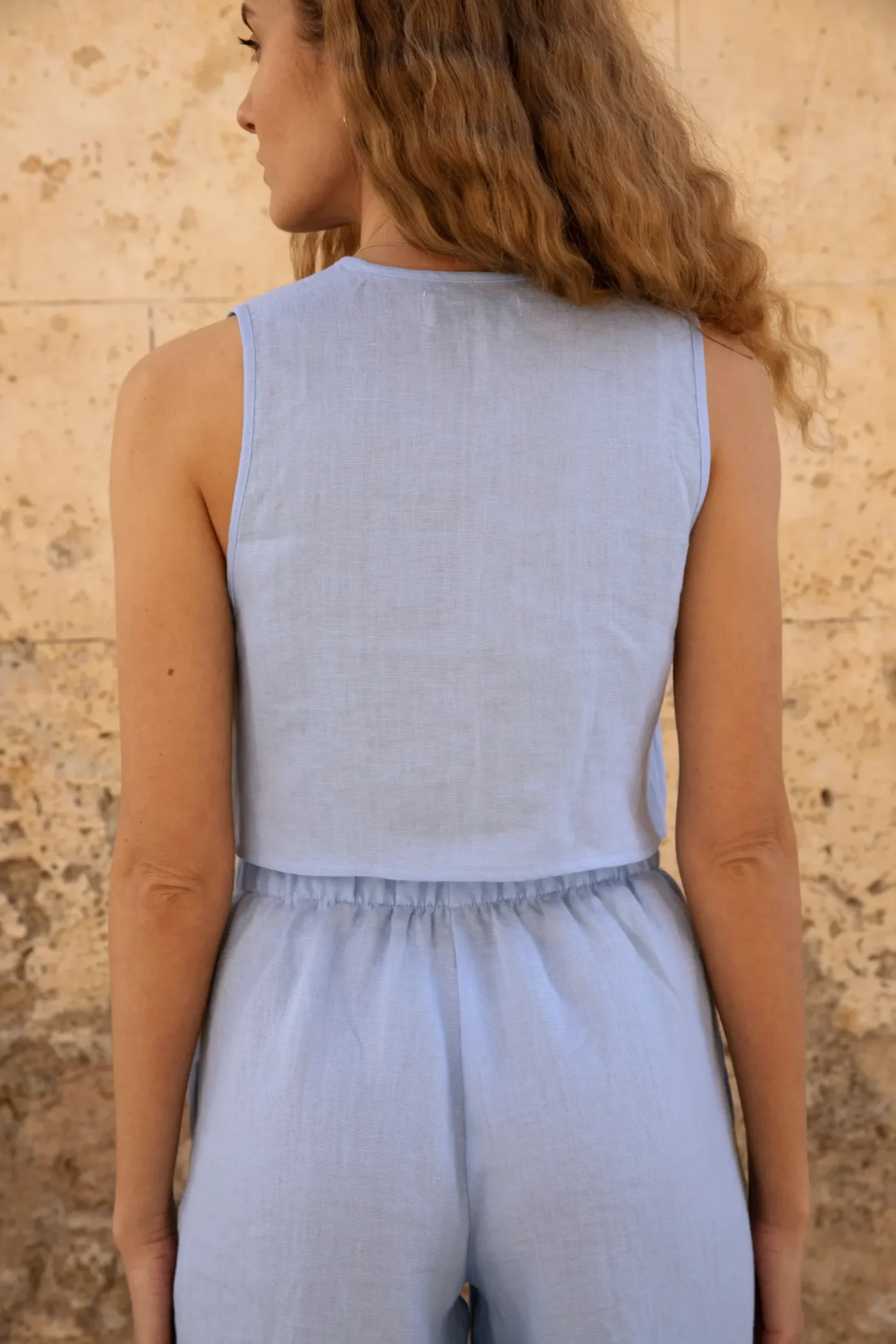 Lniany top V Bow - Sky Blue