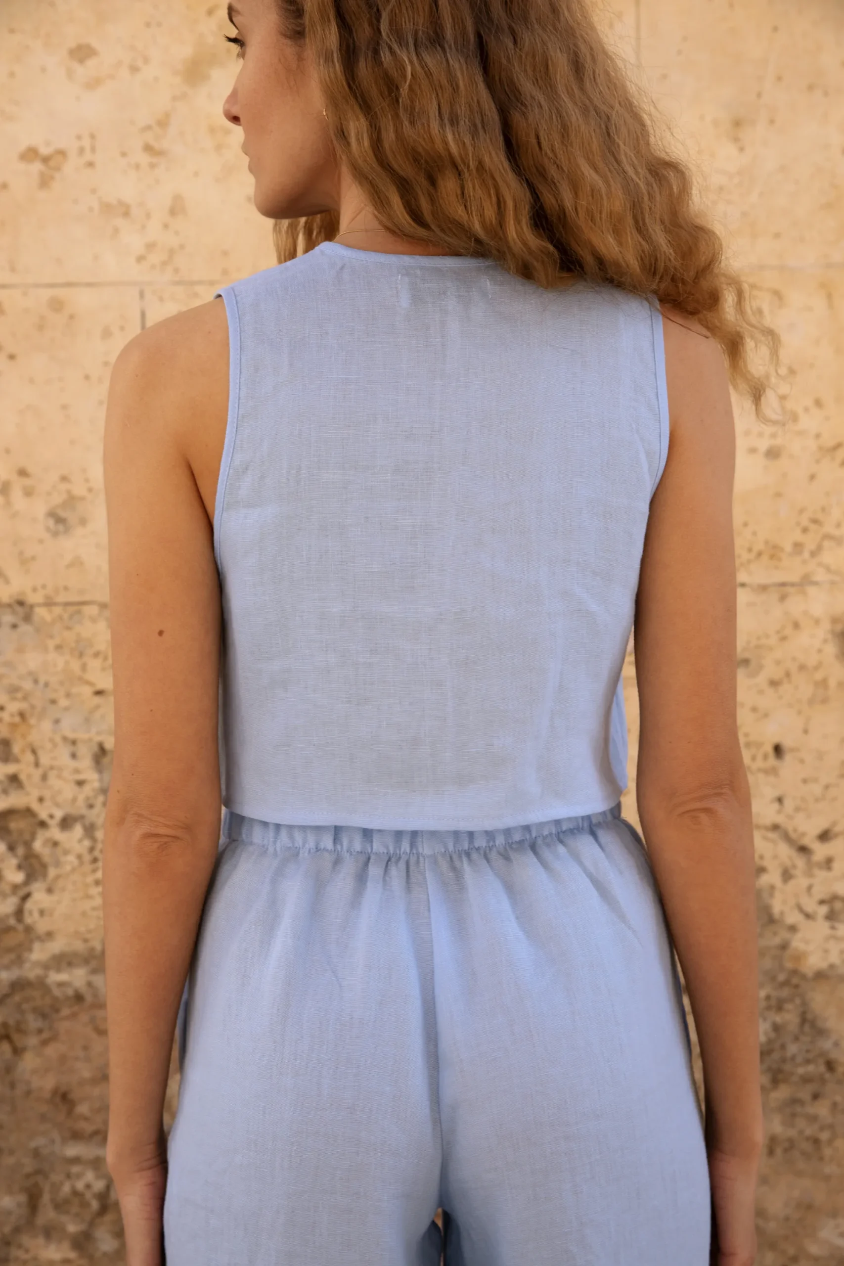 Lniany top V Bow - Sky Blue
